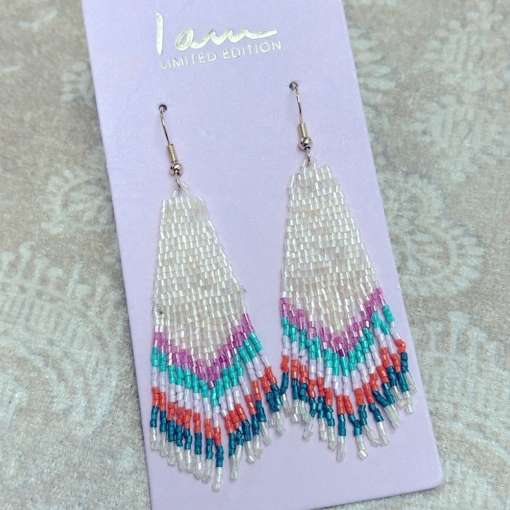 Brand New I Am Colorful Lightweight Glass Seed Beaded Drop Earrings Tribal Aztec